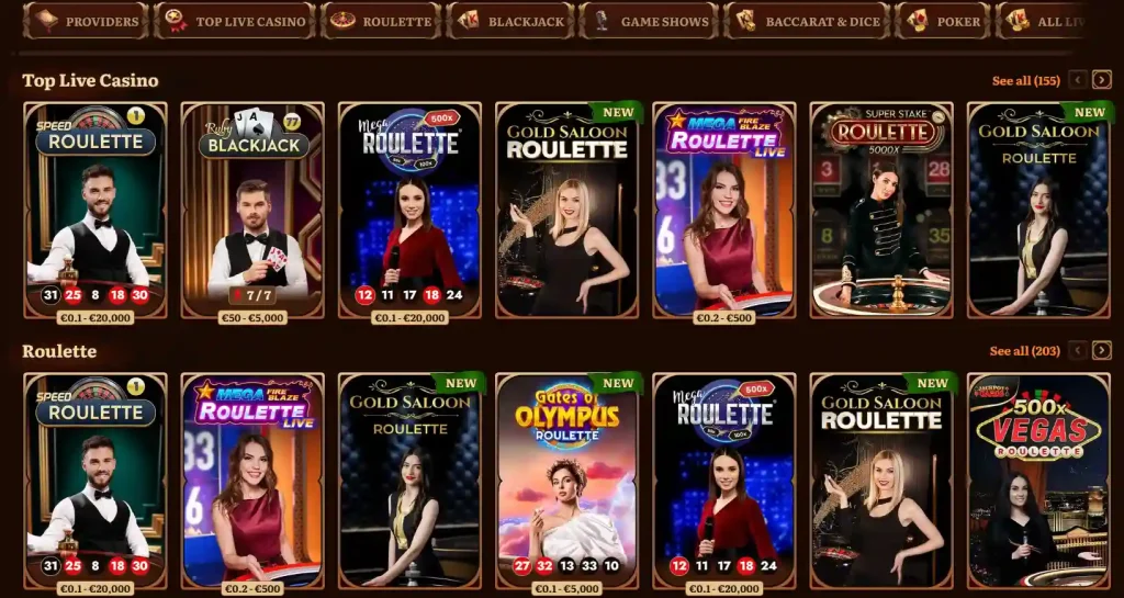 WildRobin live-casino lobby met live tafels en game shows