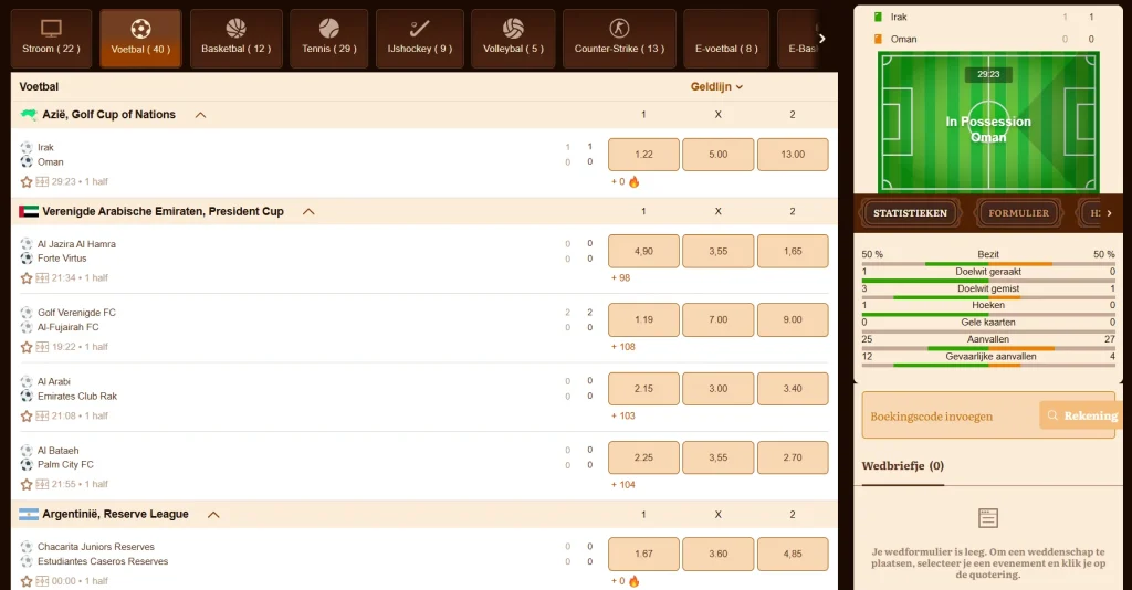 WildRobin sportsbook-interface met actuele sportweddenschappen
