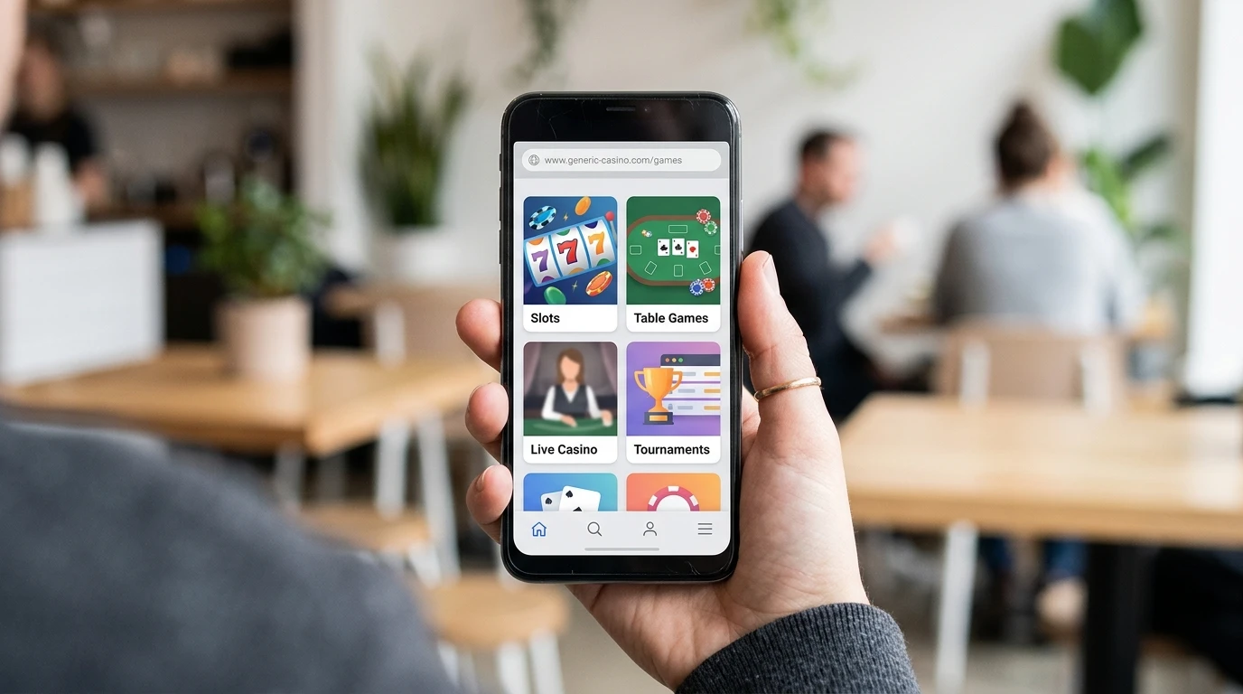 Illustratie van een smartphonebrowser met een neutrale casino-interface zonder merklogo
