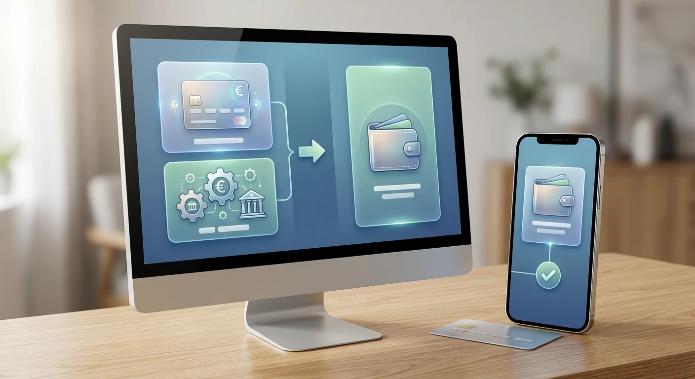 Illustratie van een neutrale stortingsflow met eurorekening op desktop en mobiel